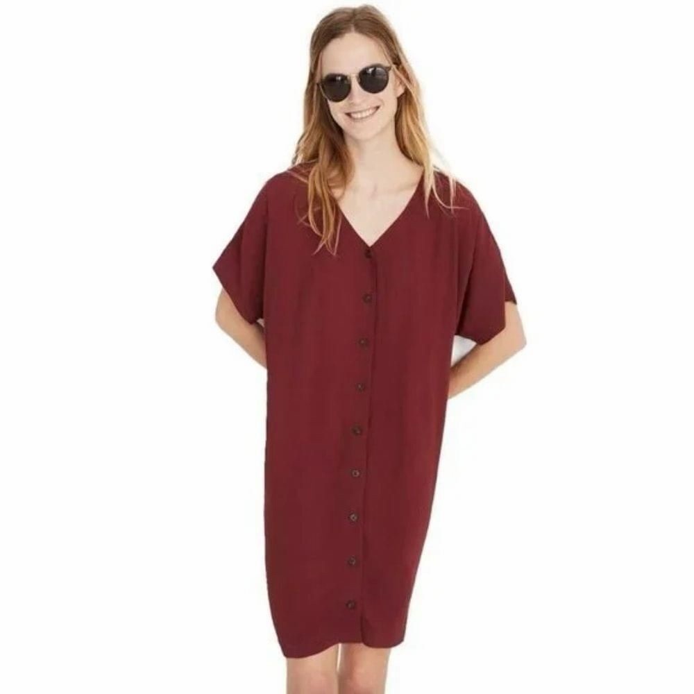 Madewell V-Neck Button-Front Easy Dress in Maroon
